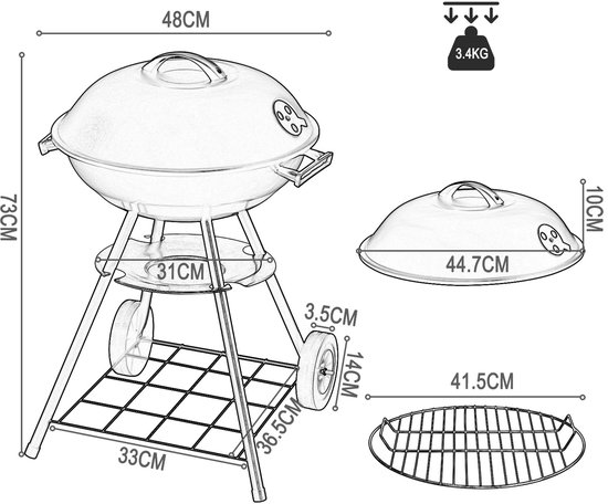 ITRONIQ BBQ Houtskool - Barbecue Met Wielen - 41 cm Grill - Draagbare BBQ - Voor Tuin Camping en Balkon - Compact - Zwart — afbeelding 2