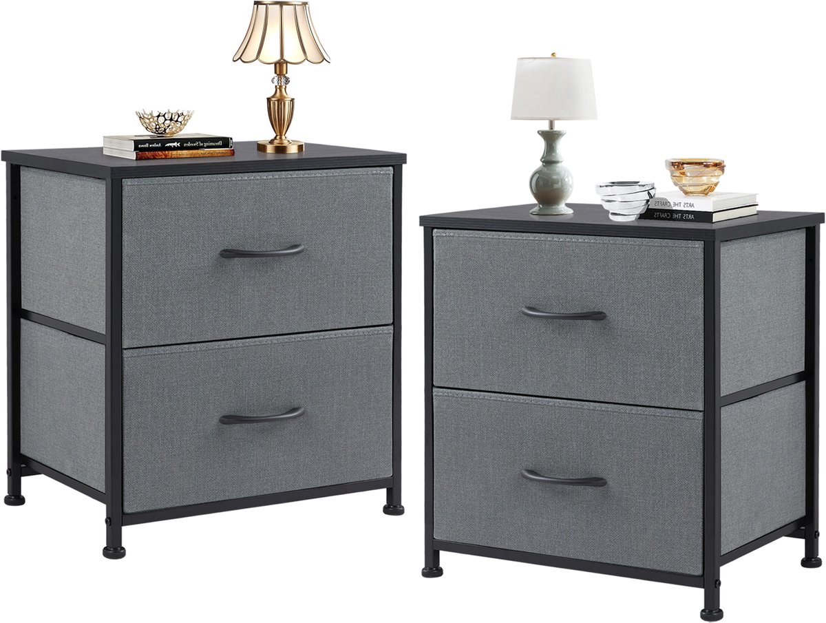 2-Delige Nachtkastjes Set met 2 Lades – Stoffen Bekleding & Metalen Frame – Bedside Tafels 45×30×50 cm – Grijs Modern Design