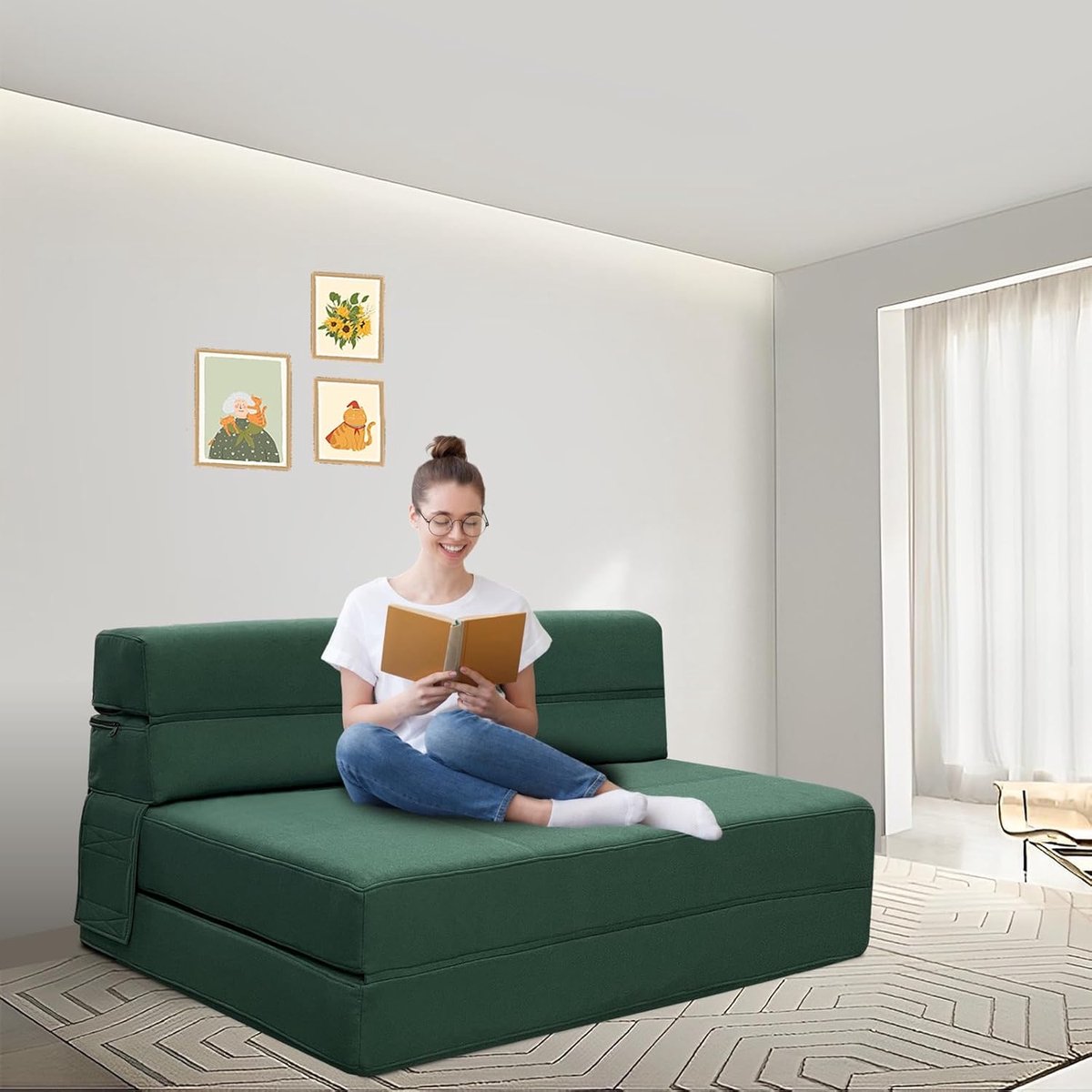 Uitklapbare Slaapbank Futon 2-Persoons Queen 203 x 152 x 15 cm – Traagschuim Memory Foam Logeerbed, Opvouwbare Vloerbank & Bedbank Donkergroen – HomebyNicole