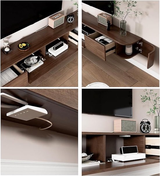 Donkerhouten TV-meubel met opklapbare deuren, lades en plank. Een opgeruimde woonkamer met media-apparatuur en decoratie.