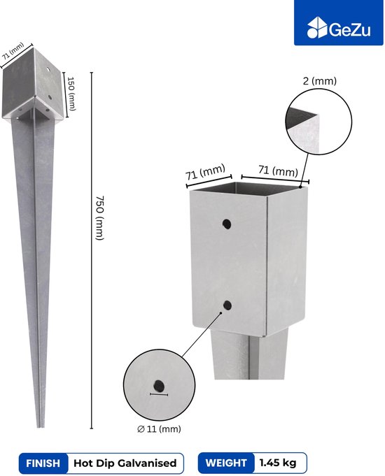 GEZU IMPEX Paalhouder met punt Inslaghuls Thermisch verzinkt Set van 4 71 x 71 x 750 mm inslagbodemhuls paalpunten paalpunthouder