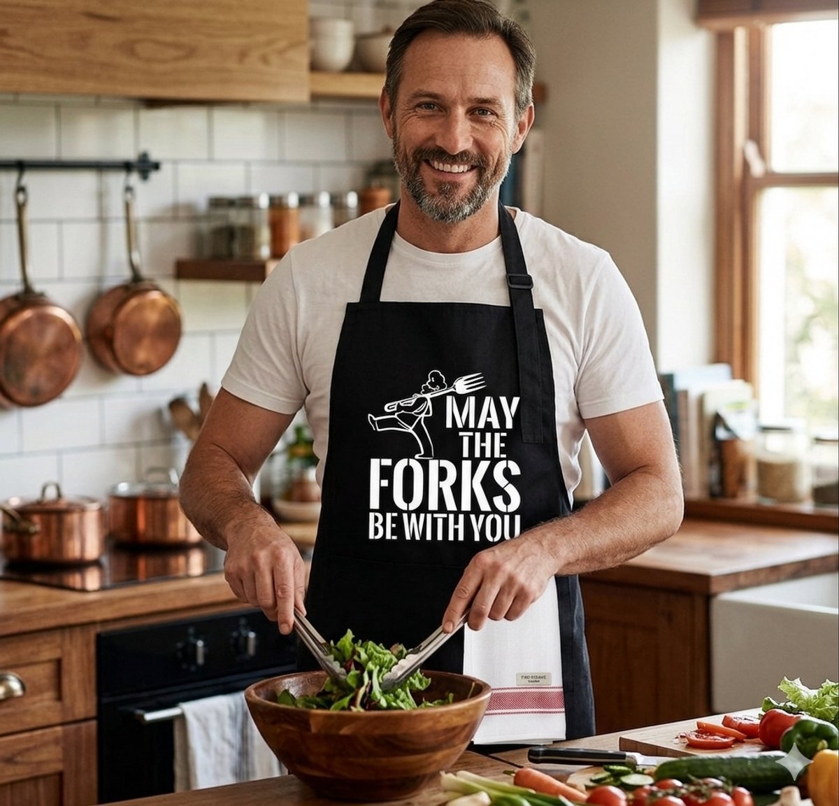 EIZOOK BBQ Schort met Zakken – Waterafstotend Verstelbaar Keukenschort – May The Forks Be With You – Zwart – Unisex