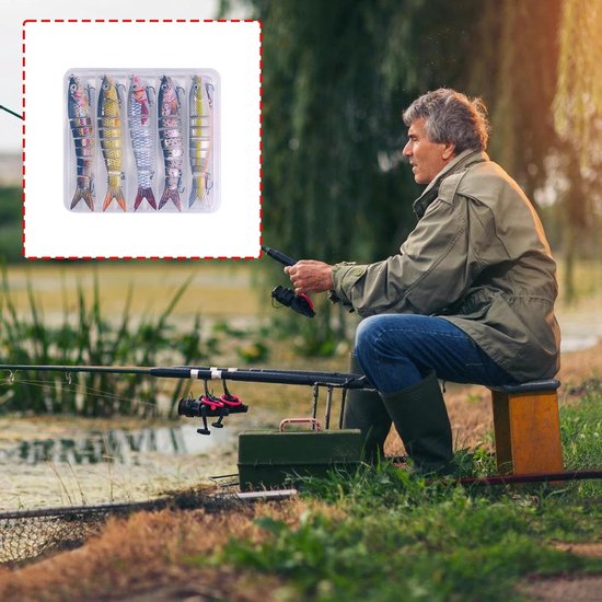 Kunstaas set - 5 Stuks - Kunstaas set met opbergdoos - Pluggen met haak - Kunstaas - Rubberen vis - Visaas - Zacht Kunstaas - Alle type roofvis - Visspullen - Voor snoek, baars, snoekbaars, vissen — afbeelding 2
