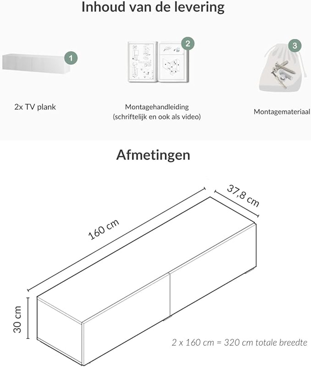 TV Meubel 320 cm – Wandgemonteerd of Staand TV Kast 2x160 cm – Zwevend Lowboard TV Kast Wit Modern met Soft Close & Kabelmanagement