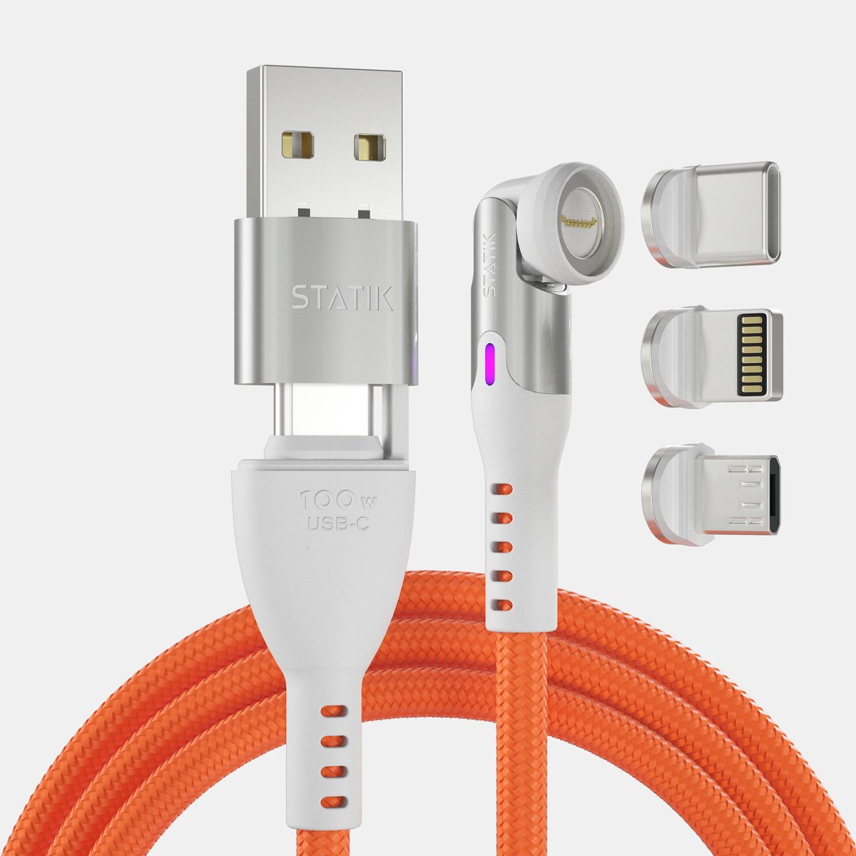 Statik 360 Pro USB-A en C- Universele magnetische oplaadkabel - 100W – Oranje – 2 m
