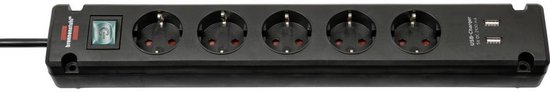 Brennenstuhl Bremounta 5-voudige stekkerdoos met 2 USB-poorten (meervoudige USB- stekkerdoos met schakelaar en 3m kabel, meervoudige stekkerdoos met 90 graden stopcontacten)