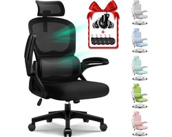 Hiaonyx Bureaustoel - Ergonomische Bureaustoel - Inklapbare Armleuningen - Verstelbare Hoofdsteun & Lendensteun - 3 Rugsteunmodi - Met stille wielen - Zwart