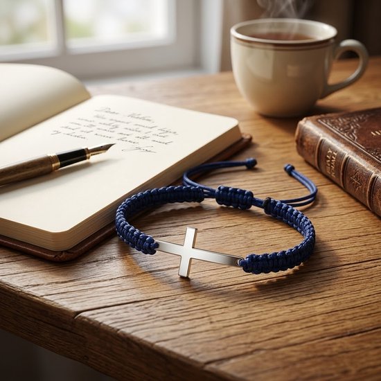Marineblauwe gevlochten armband met zilverkleurig kruis, naast een open notitieboekje en koffiekopje.
