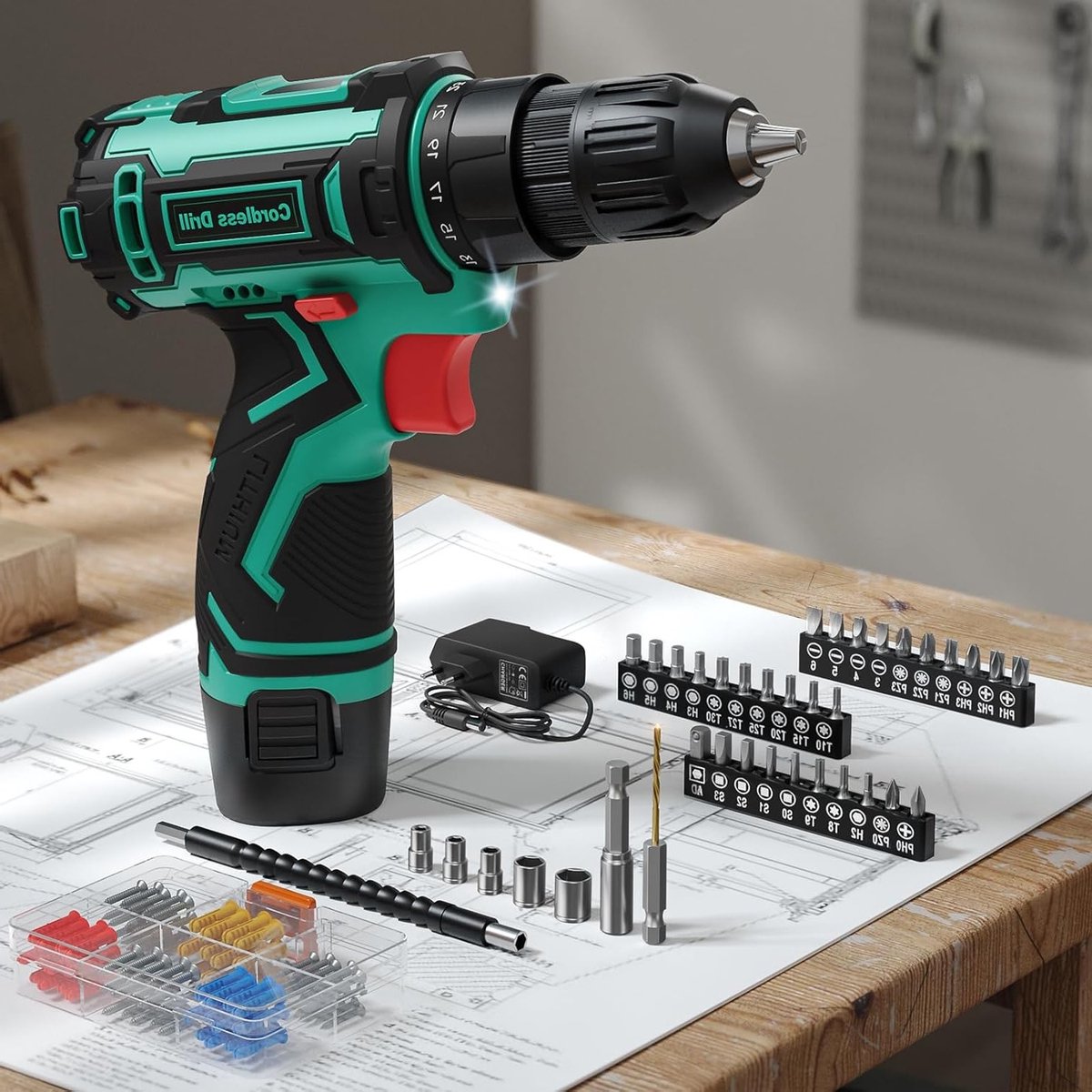 Draadloze Accuschroevendraaier met 2000 mAh Batterij, 25 N.m Koppel, LED Verlichting en 98 Accessoires voor Thuisreparaties en Doe-Het-Zelf Projecten