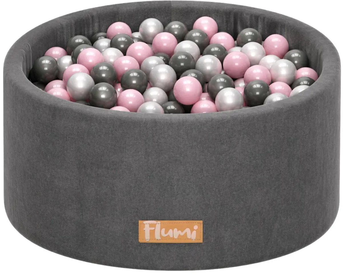 Flumi - Schuim Kinder Ballenbad - Inclusief 200 Ballen - Afneembare Hoes - Grijs met Roze, Donkergrijze en Parelmoerkleurige Ballen