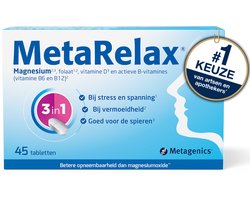 MetaRelax Magnesium Tabletten – 45 Tabs - Hoogwaardig Magnesiumcomplex met Magnesiumglycerofosfaat - Bij Stress & Spanning - Vermoeidheid - Goed voor de Spieren - Hou het hoofd koel en schiet niet in een kramp