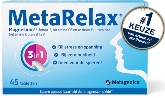 Een close-up van de verpakking van MetaRelax met de tekst 'Magnesium, folaat, vitamine D en actieve B-vitamines'. Een cirkel op de verpakking geeft aan 'Nr. 1 keuze van artsen en apothekers'.
