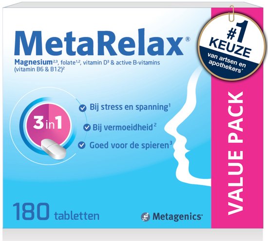 Verpakking van MetaRelax met 180 tabletten. De tekst '#1 KEUZE van artsen en apothekers' staat op een cirkel. Rechts een silhouet van een gezicht.