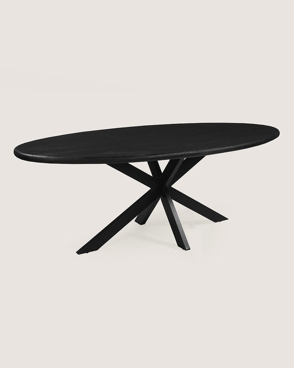 Ovale Eettafel 240 cm Mangohout – Zwart – Zwart Metalen Matrix Onderstel – Landelijk – 7-8 Personen