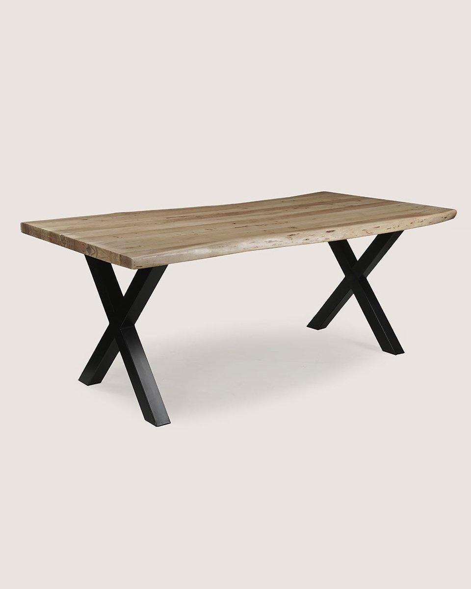 Boomstam Eettafel 240 cm Acaciahout – Zwart Metalen X-Poot – Industrieel – 10 Personen