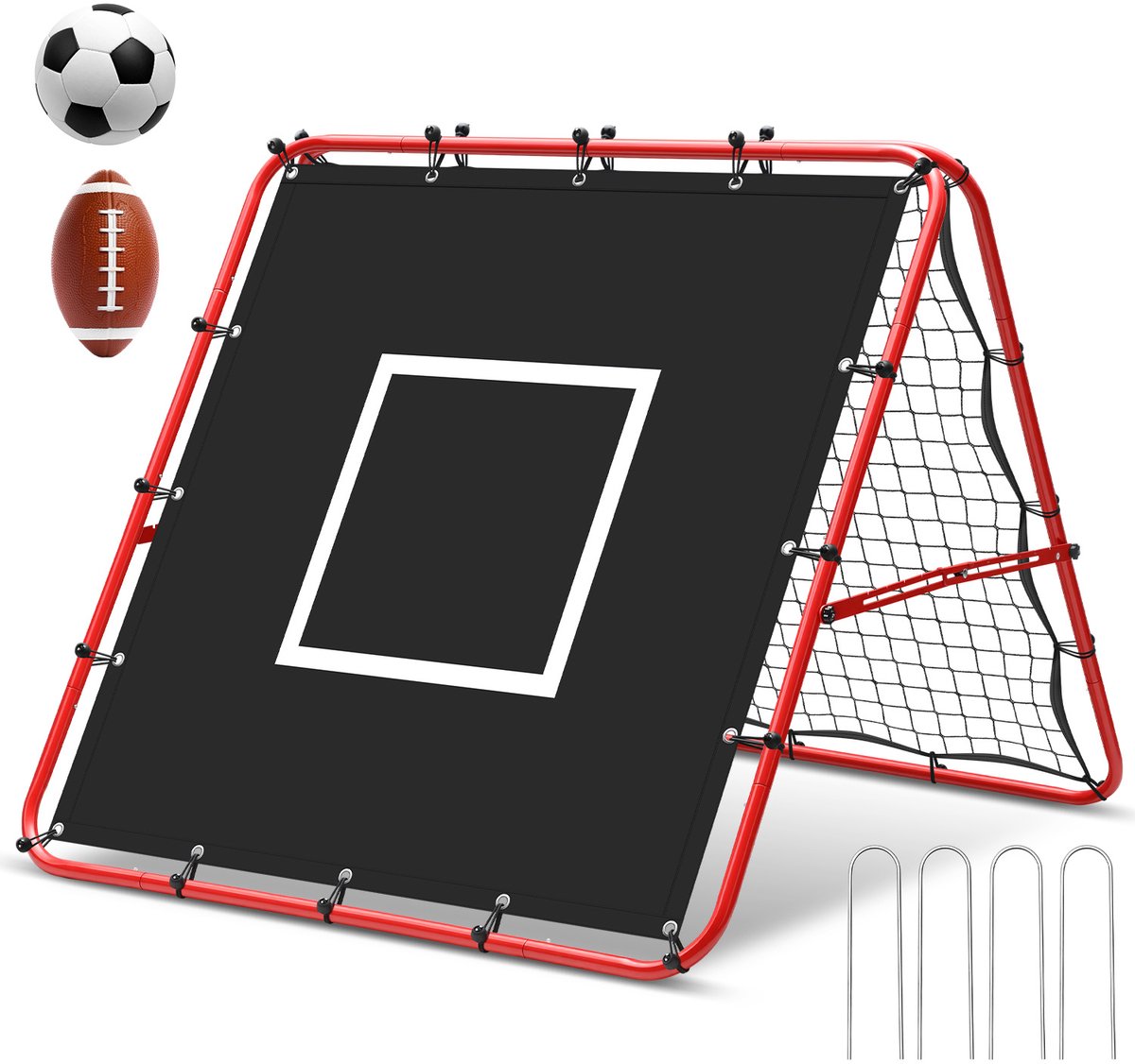 Dubbelzijdig voetbal oefennet 120 x 120 cm met 420D doelzeil, stevig frame, verstelbare hoek en geschikt voor duo-training