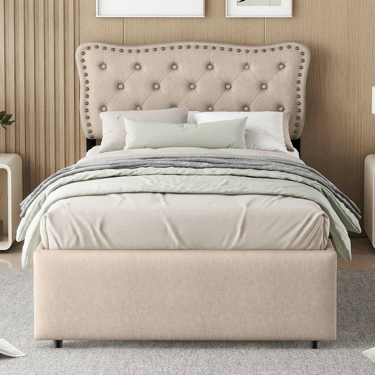 VVBV Eenpersoonsbed 90x200 / Opbergbed – met Opbergruimte, Lades, Lattenbodem – MDF – Beige – met 2 Lades en Nachtkastjes – Donkerbeige bruinachtig beige