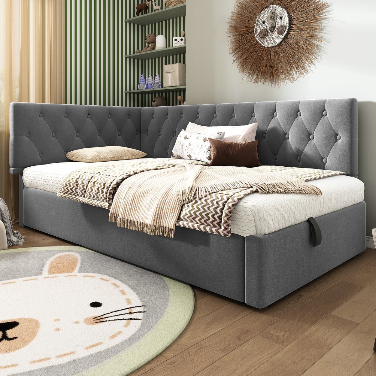 VVBV Slaapbank met opbergruimte / Bedbank 90x190 – met Lattenbodem – Tienerbed – Fluweel – Grijs – Zonder Matras – Daybed en Gestoffeerd Bed van Fluweel