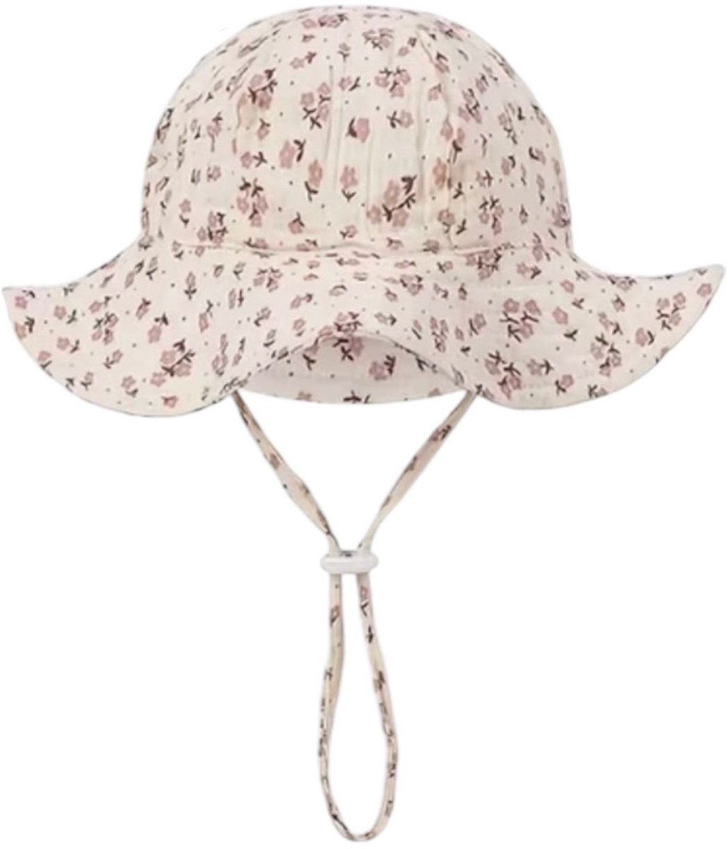 Zomerhoed baby - dreumes - meisje - jongen - zonnehoed - zomer - hydrofiele stof - katoen - beige met bloemetjes