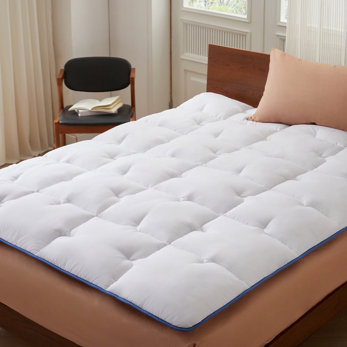CASABEL Matrasoplegger 90 x 200 cm van ademende microvezel met blauwe bies