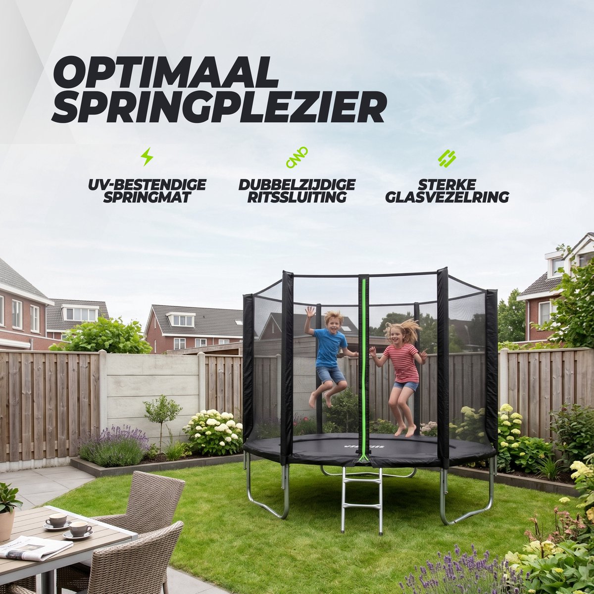 VirtuFit Trampoline met Veiligheidsnet - 251 cm - Inclusief Gratis Trap - Extra Veilig - UV- en Weerbestendig - Voor Kinderen en Volwassenen - Zwart — afbeelding 8