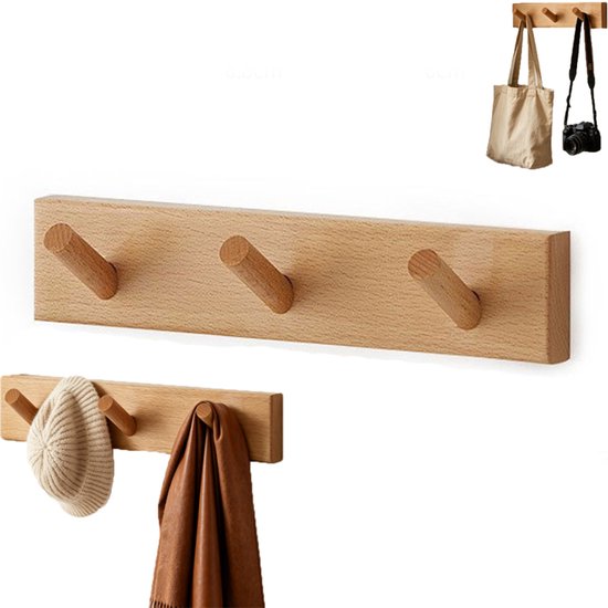 Houten wandkapstok - Wandkapstok - Kapstok met haken - Kapstokhaken - houten wand kapstok - kapstok - kapstok haken - jashaak - wandkapstok hout - 3 haken - 26 cm - Geschikt voor hal slaapkamer badkamer en kleedkamer