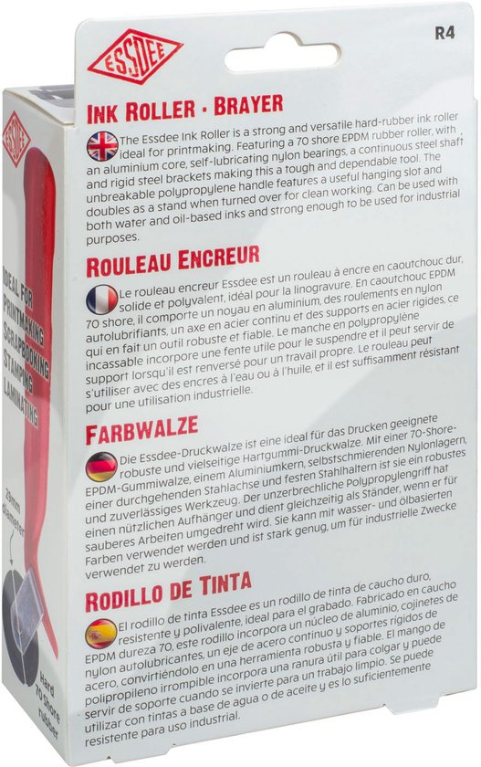 Essdee ink roller met rode handgreep. Tekst op de verpakking: Ink Roller, Braver, Rouleau encreur, Farbwalze, Rodillo de tinta.