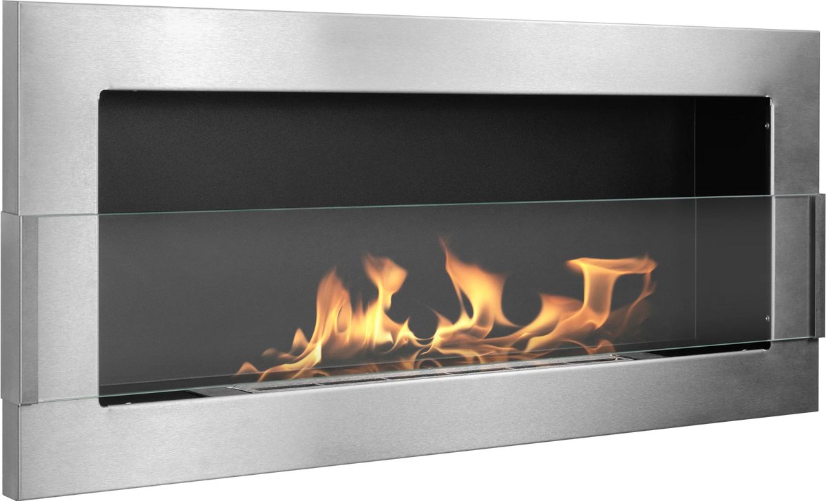 Bio-ethanol wandhaard 90x40 cm RVS (inox) met glas – moderne sfeerhaard zonder schoorsteen