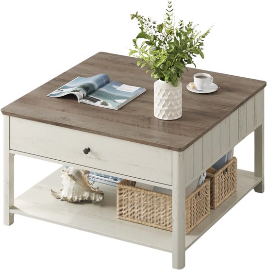 Table basse Norvia avec tiroirs - Table d'appoint carrée - Console pour le salon - Aspect bois gris - Bureau à domicile - 80 x 80 x 45 cm