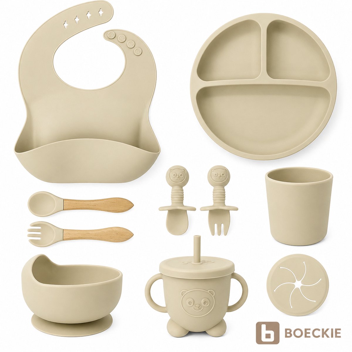 BOECKIE Siliconen Kinderservies 9-delig - Babyservies met Zuignap Beige