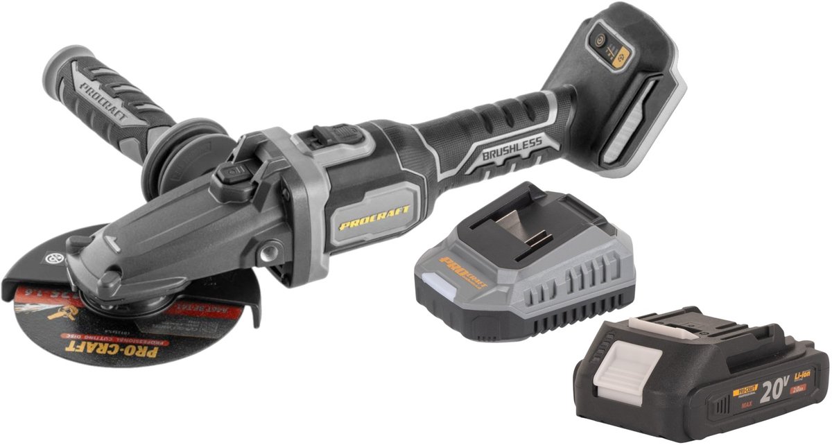 Procraft Industrial AG125Cbb accu vlakke kop haakse slijper 20 V 125 mm borstelloos + 1x accu 2,0 Ah + oplader