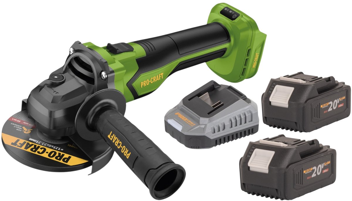 Procraft PGA22-BB accu haakse slijper 20 V 125 mm borstelloos + 2x accu 4,0 Ah + oplader
