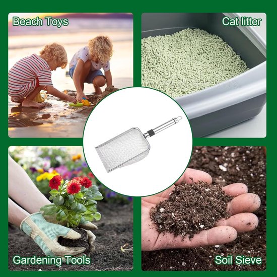 Tuinzeef met handvat - Grondzeef van roestvrij staal - aardezeef - Verschillende tuinzeven - Grove en fijne bodemzeef - Compostzeef - Zeefschep voor tuinen - voor aarde, stenen, compost, onkruid, zand, grind en zaaigoed - 28.8*10cm - Zilveren van Merkloos	 — afbeelding 2
