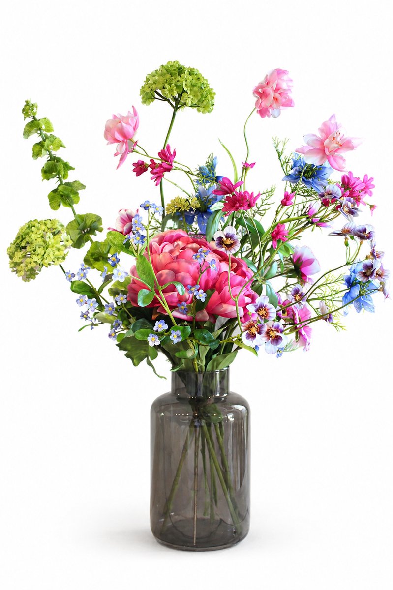 Bloemenjunkie - Kunstbloemen - Zijden bloemen - Zijden Boeket - Pioenroos - inclusief vaas - Luxe & onderhoudsvrij - 75 cm hoog