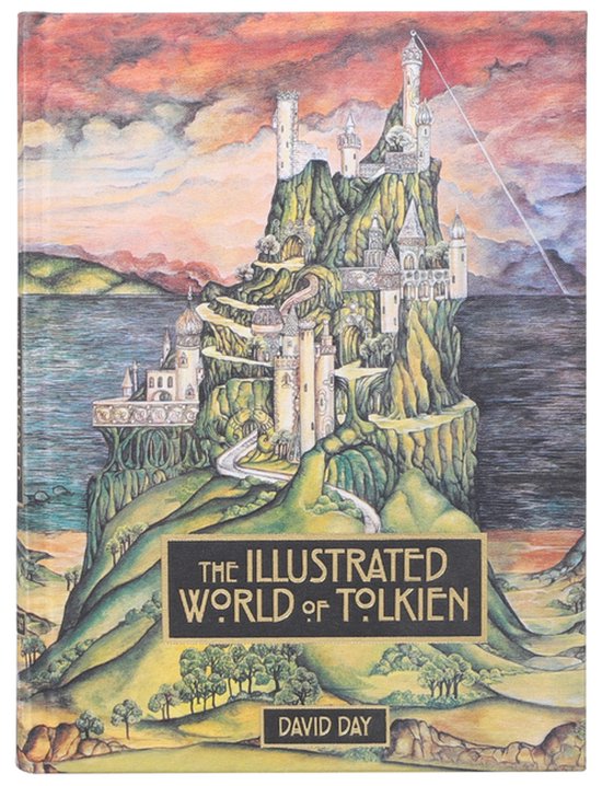 De voorkant van 'The Illustrated World of Tolkien' door David Day, met een illustratie van een kasteel op een heuvel.