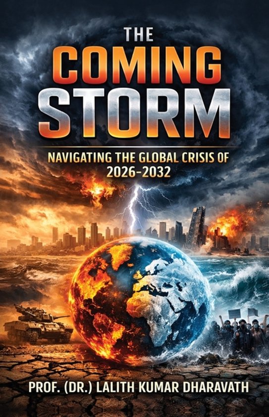 Boek kaft van "The Coming Storm" met een dramatische afbeelding van de aarde half in brand en half overspoeld door een storm, met een stad op de achtergrond. Tekst: "THE COMING STORM NAVIGATING THE GLOBAL CRISIS OF 2026-2032 PROF. (DR.) LALITH KUMAR DHARAVATH".