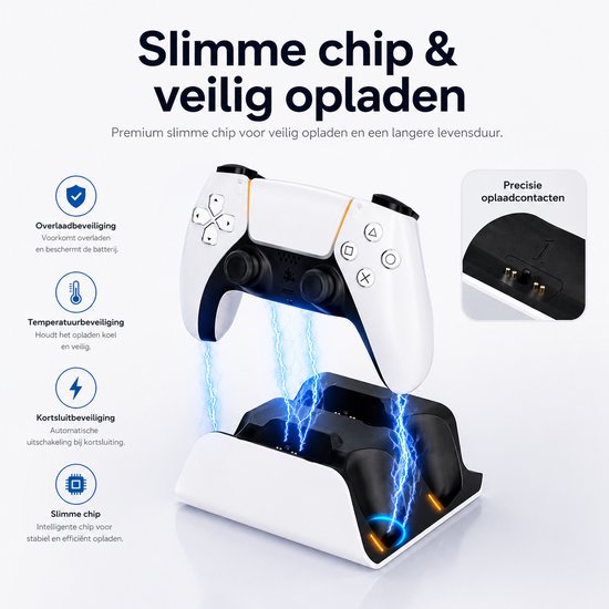Witte controller wordt opgeladen op een wit laadstation, met blauwe bliksemillustraties.