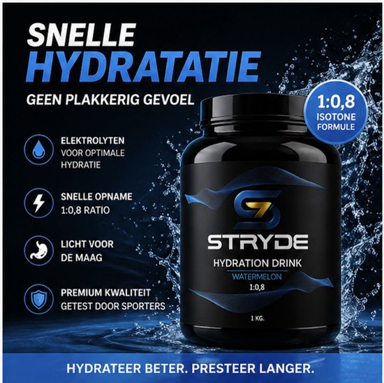 Zwarte pot Stryde Hydration Drink Watermeloen 1 kg, met tekst 'Snelle Hydratatie', 'Isotone Formule 1:0,8'.