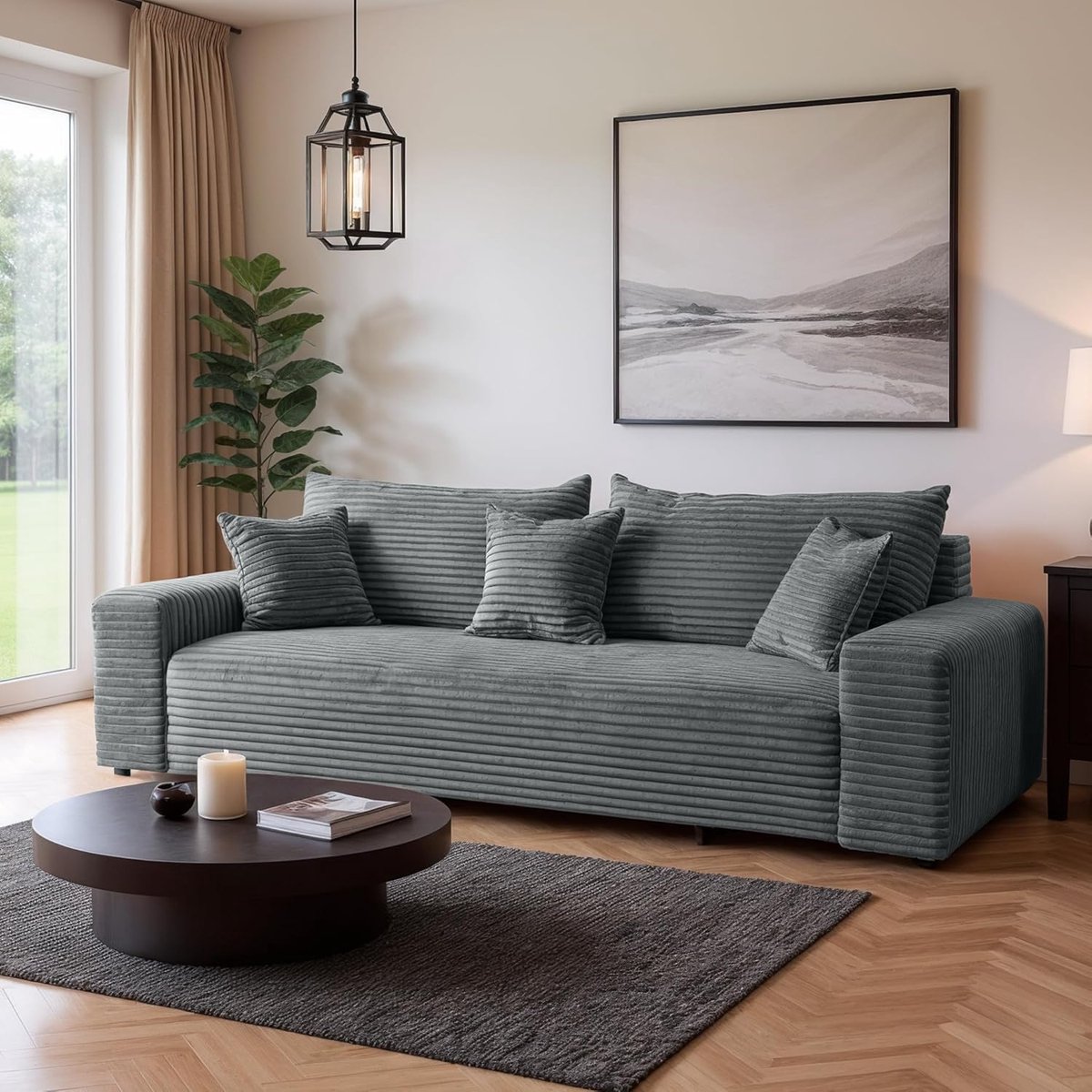 Slaapbank 3-zits met bedlade 265 x 150 cm – Corduroy Bankbed TILIA, SoftTouch Comfort, Nosag-vering, afneembare en wasbare hoezen, opbergruimte, huisdiervriendelijk, grijs – HomebyNicole