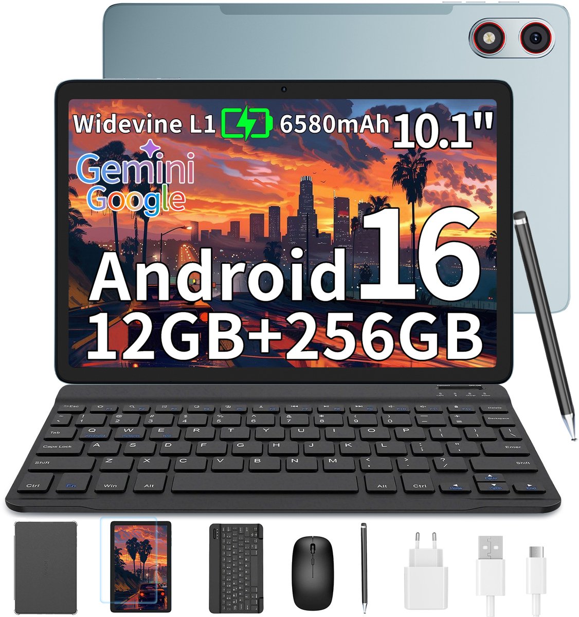 HOTWAV Pad 13 Pro - Tablet met toetsenbord + muis + stylus - Android-tablet - 10,1 inch - 120 Hz verversingssnelheid - 12+256 GB RAM/ROM - 6580 mAh-batterij - 13 MP-camera - 4G dual-sim - gezichtsherkenning - grijs