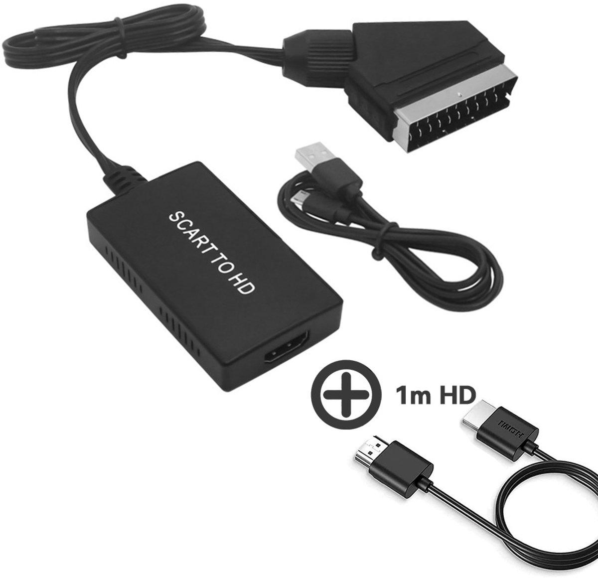 SCART naar HDMI Converter – Lange Behuizing met 1 Meter HDMI Kabel – Adapter met HDMI en SCART – Full HD 1080p Omvormer – Plug-and-Play – Voor DVD, VHS, Settopbox & Oudere Apparaten – Zwart