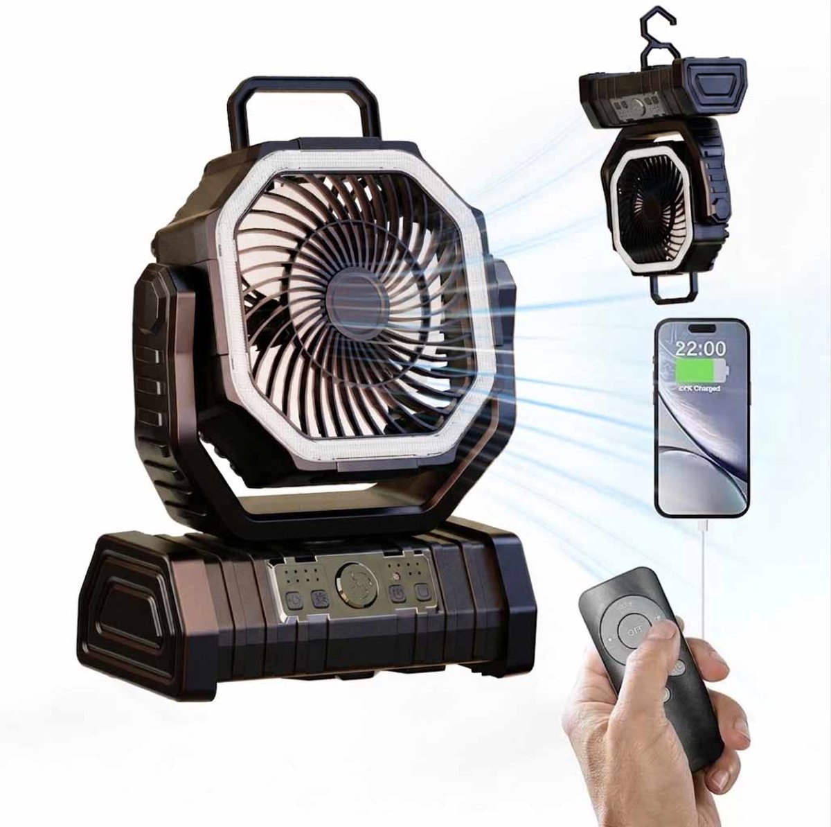 Meedeer Draagbare ventilator-Camping ventilator-Grote Batterijcapaciteit-4 windstanden-USB-Geluidsarm-Met lamp en afstandsbediening-Zwart