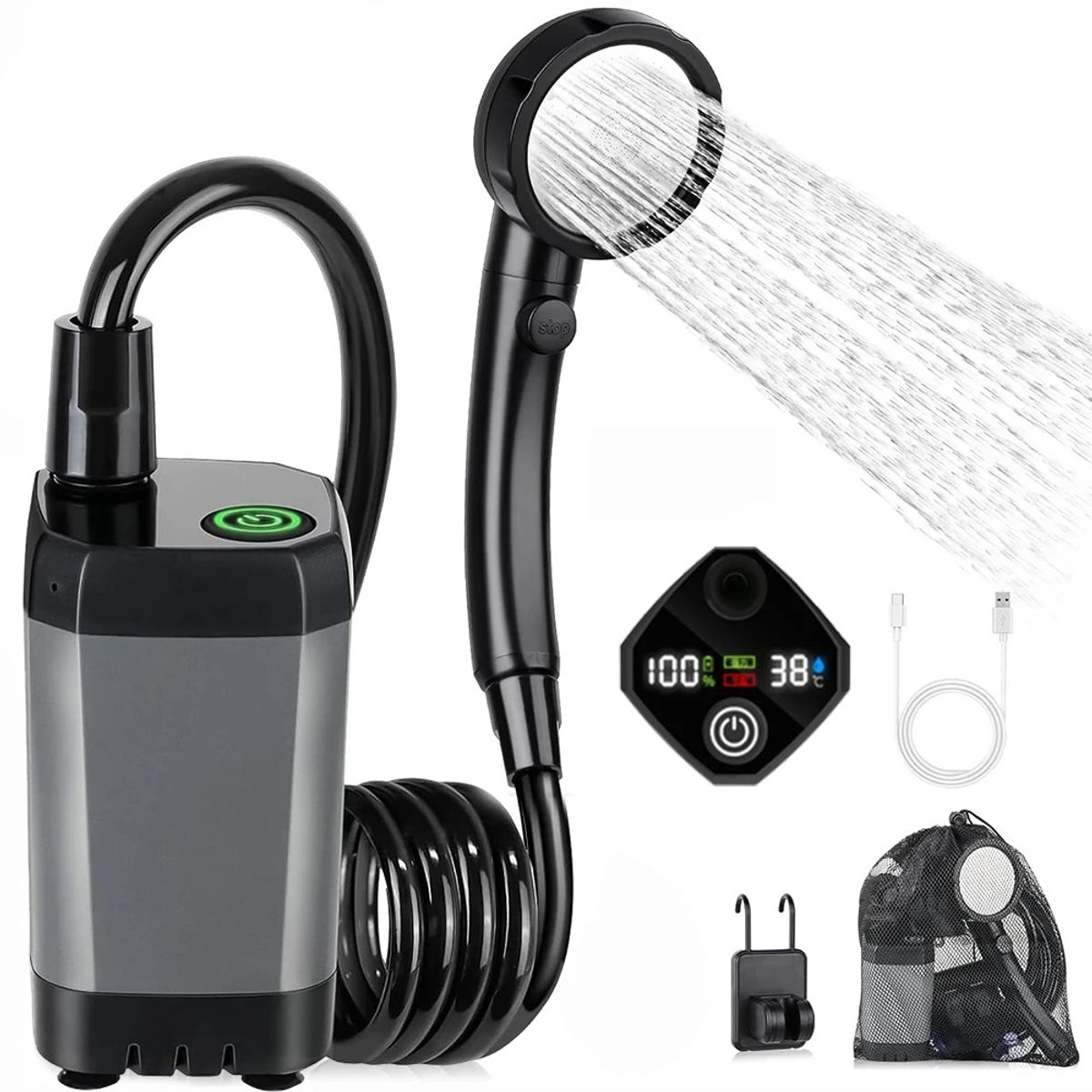 Innovastore Campingdouche - Buitendouche - Douche - Kampeerdouche - Douchekop - LED display - 120 minuten douchen - Zwart
