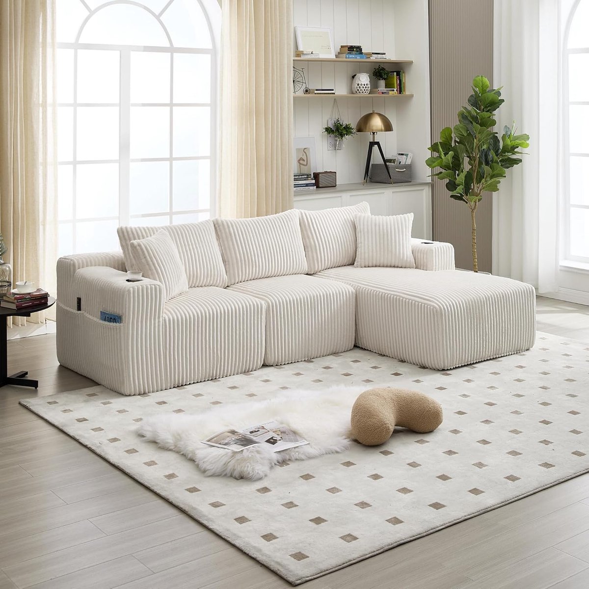 Luxe Cordo L-vormige Hoekbank met Chaise Longue, 257 x 160 x 80 cm, 3-Zits Sofa met 5 Kussens, Bekerhouder en Opbergzijvakken – Zonder Montage, Corduroy Comfort Bank voor Woonkamer