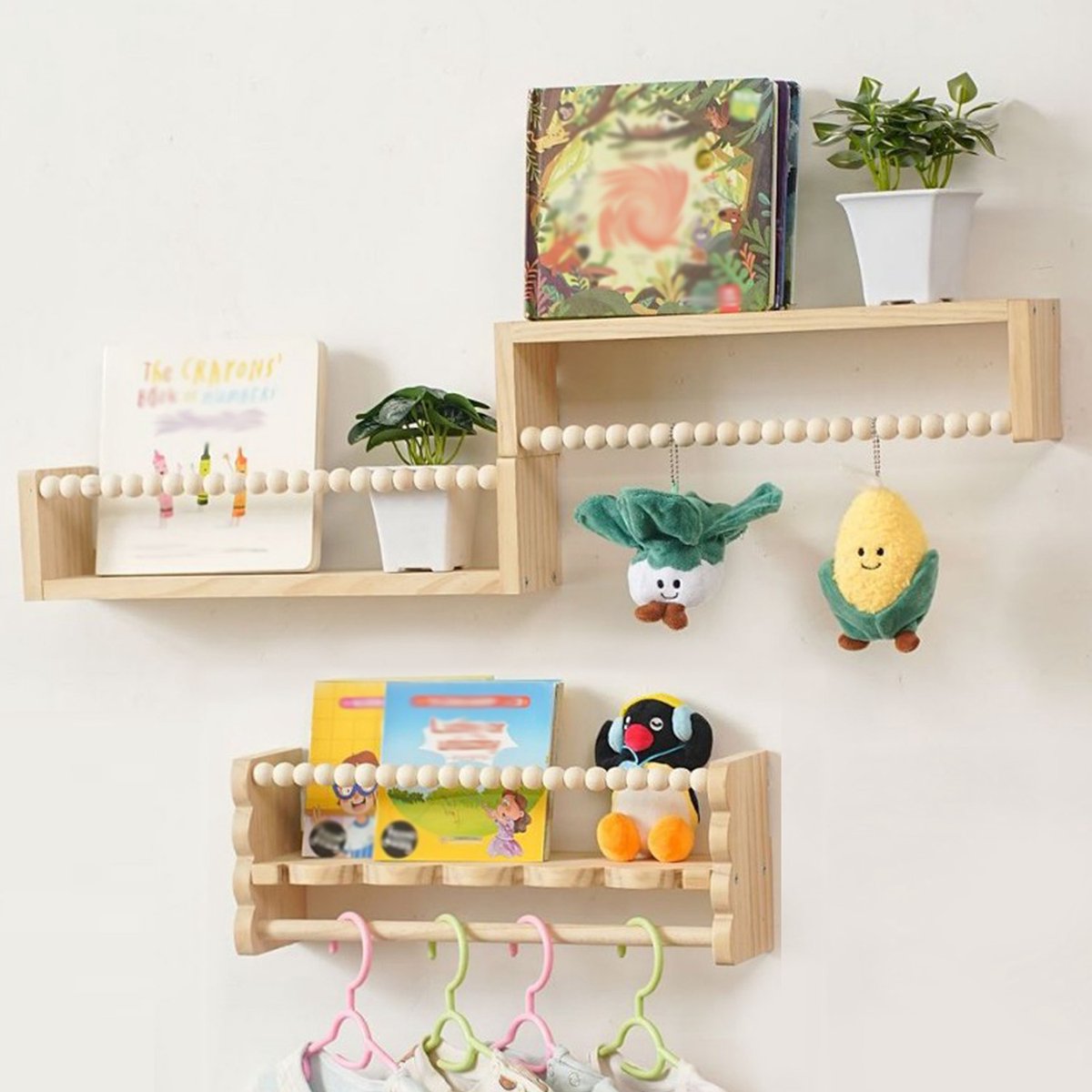 Zwevende planken voor babykamer 3 stuks - Houten golvende rand wandplanken - Montessori boekenplank opslag - Ruimtebesparende decoratieve organizer voor speelgoed, foto's en decoratie - Houtkleur