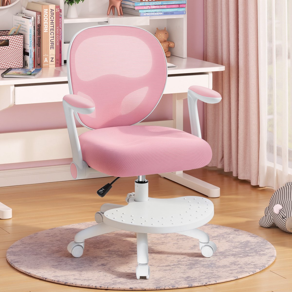 HOFFREE Ergonomische Kinder Draaistoel met Opklapbare Armleuningen & Voetensteun, Ademend Netwerk, Roze, voor Jongens en Meisjes