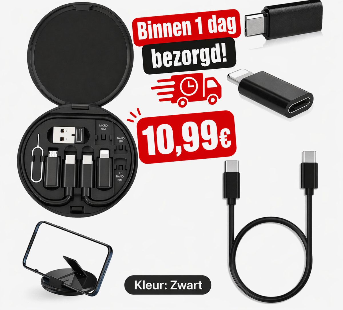 Vijf-in-Eén Multifunctionele Snellaadkit met Opbergdoos – 60W Gegevensoverdracht & MFI-Compatibel – USB naar Lightning, USB-C, Micro-USB – Geschikt voor iPhone, Android & Tablets