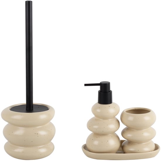 Keramische Badset - Badkameraccessoires - Zeepdispenser - Toiletborstel - Tandenborstelhouder & Tray - Beige - 4 Stuks - Stoneware - Matte Afwerking