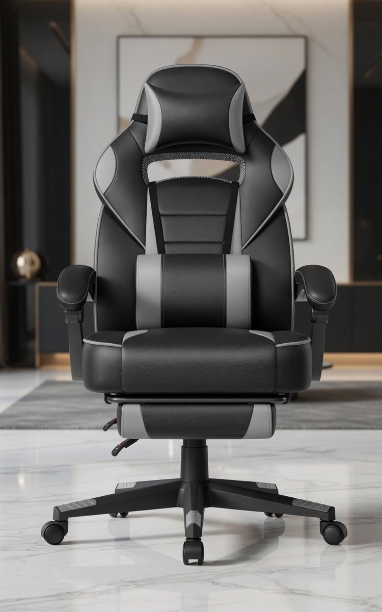 Ergonomische Gaming Bureaustoel met Voetensteun, Hoofdsteun en Lendenkussen – Verstelbare Gaming Stoel tot 150 kg, Kantelbaar 135°, Comfort Office Chair – Inktzwart/Grijs – Mobili Bella Pro Comfort Gamingstoel