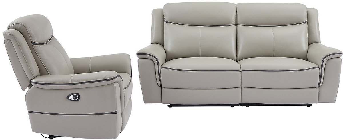 Vente-unique Elektrische driezitsrelaxbank en -fauteuil van lichtgrijs leer ADELIO
